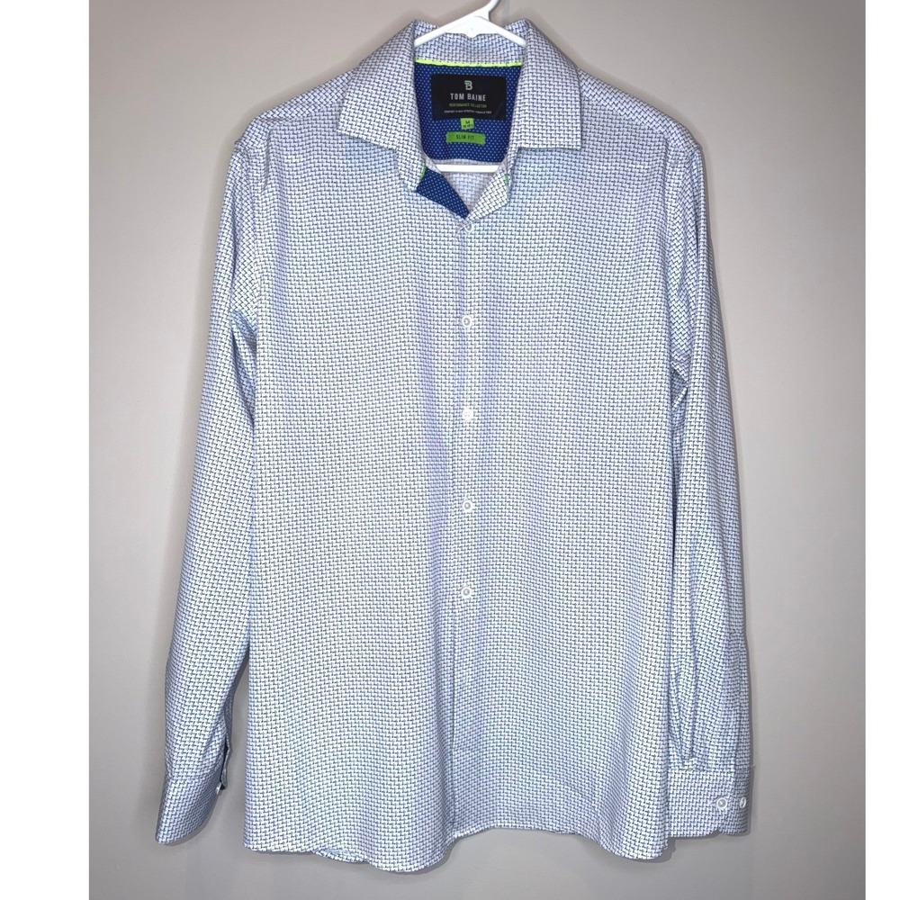 Tom Baine Performance Collection Slim Fit 4-Way Stretch Dress Shirt M Blue White - Picture 2 of 6